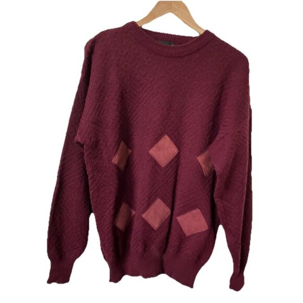 Vintage Stylewise Sweater Mens M Red Knit Patchwork Grandpa Cabin Cozy Pullover